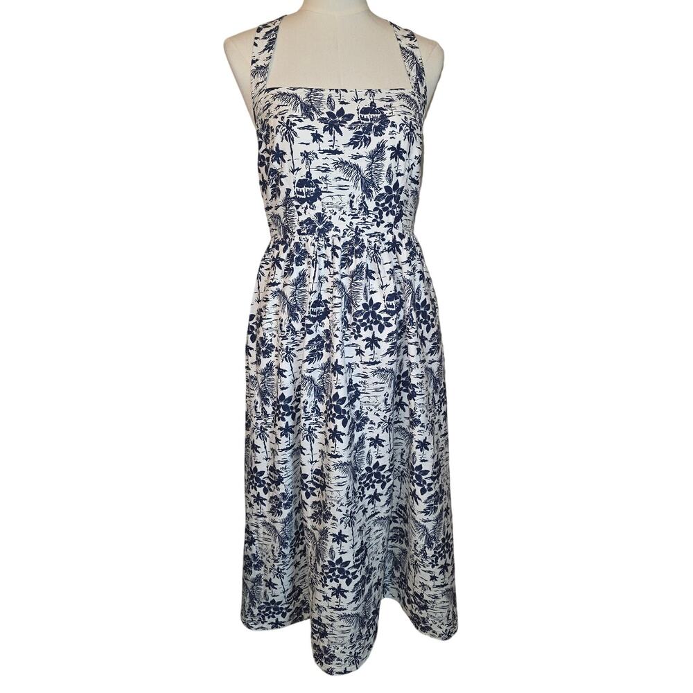 NWT M Mila Mae White & Blue Tropical Halter Dress‎ w/Zip Back & Pockets